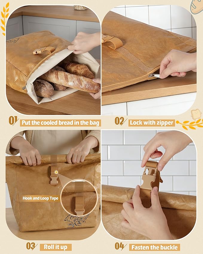 Marscamd Large Reusable Bread Bags for Homemade Bread with Zipper, 2 Pack Sourdough Bread Bags with Handle, Bread Storage Bags for Freezer, Refrigerator, Brown