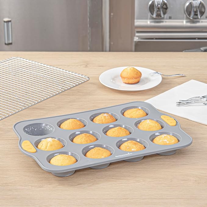 Restaurantware Silicone Baking Molds Pack of 10 Non-Stick Muffin Molds with Handles 12 Compartments, Oven-Friendly Dishwashable Freezer-Friendly Heat-Resistant Gray Silicone Cupcake Muffin Pans
