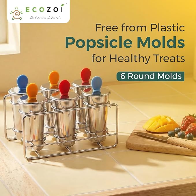 Ecozoi Stainless Steel Popsicle Molds, 6 Ice Popsicle Makers, 6 Stainless Steel Sticks, 12 Silicone Seals and 1 Coconut Cleaning Brush, Eco Popsicle Molds for Kids and Adults, 4 oz Per Mold (Round)