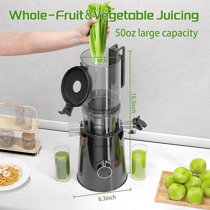 Cold Press Juicer, Slow Masticating Juicer Machines with 5" Feeding Chute Fit Whole Fruits&Vegetables, Stainless Steel Slow Masticating Juicer Easy to Clean, 99.6% Juice Purity, 1.5L Capacity-Black
