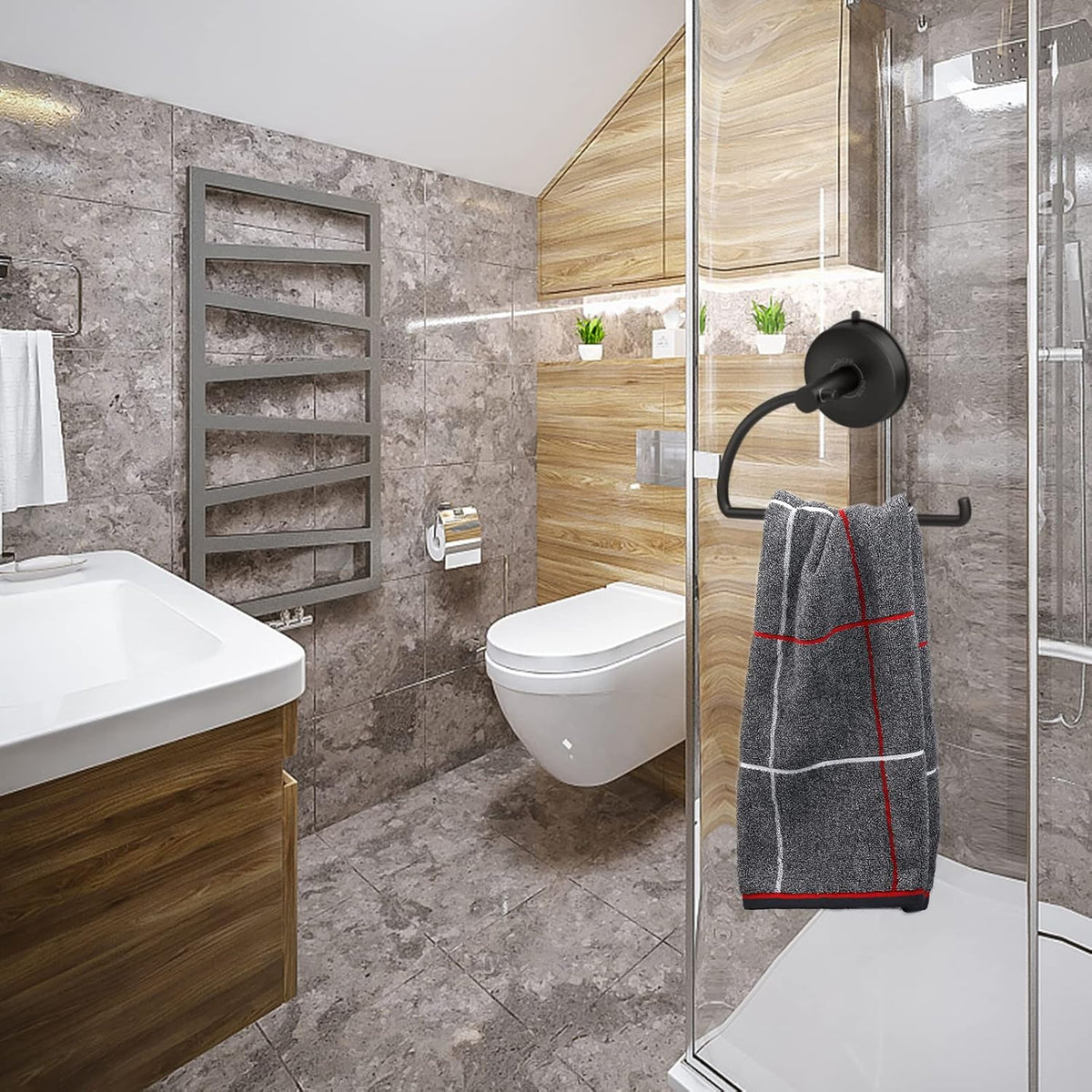 DGYB Suction Cup Hand Towel Ring Black Hand Towel Holder for Bathroom Wall SUS 304 Stainless Steel Kitchen Towel Hanger
