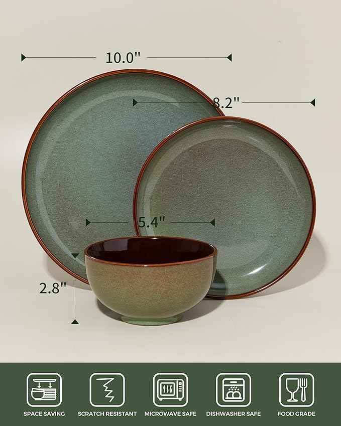 36 Piece Stoneware Dinnerware Sets, Ceramic Plates and Bowls Set, Microwave & Dishwasher Safe Kitchen Dish Set, Modern Dinner Salad Plates | Cereal Bowls for 12, Dishware Sets Sage Green