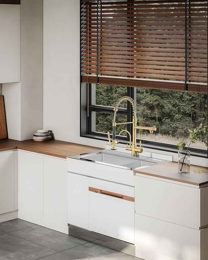 Fapully Commercial 3 Way Kitchen Faucets with Pull Down Sprayer and Water Filler,3 in 1 Kitchen Sink Faucet with Drinking Water Faucet Brushed Gold