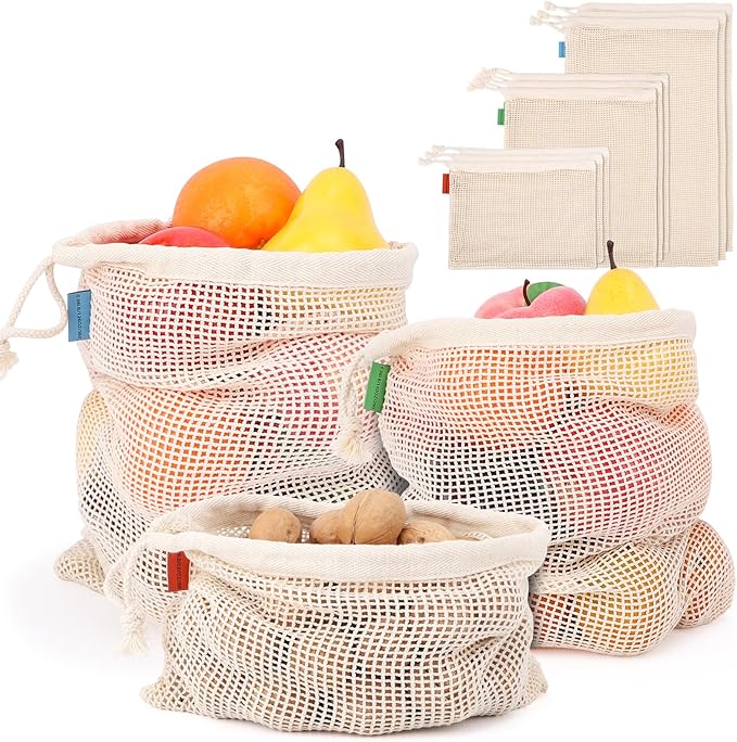 Pack of 12 Reusable Grocery Bags, 3 Sizes (4xS+4xM+4xL) Reusable Shopping Bags Heavy Duty Cotton Bags Mesh Bags for Vegetables, Enhanced Closure Edge, Double Stitched, with Tare Weight