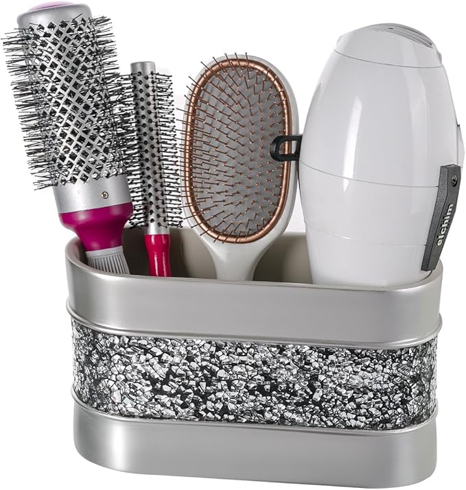 Creative Scents Crackled Glass Silver Toothbrush and Toothpaste Holder for Bathroom - Decorative Bathroom Counter Electric Toothbrush Organizer, 3 Slot, Makeup Brush Holder