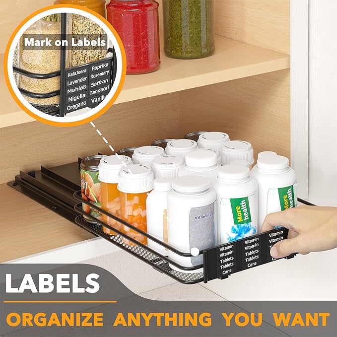 SpaceAid Pull Out Spice Rack Organizer for Cabinet, Heavy Duty Slide Out Seasoning Kitchen Organizer, Cabinet Organizer, with Labels and Chalk Marker, 8.5" W x10.75 D x2.5 H, 1 Drawer 1-Tier