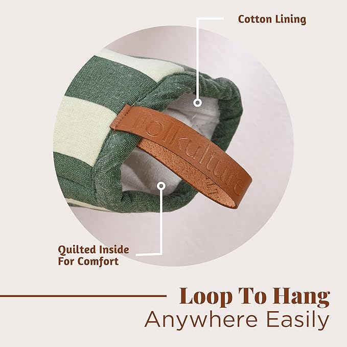 Folkulture Oven Mitts - Set of 2 (5.75"x9") | Oven Mitts with Hanging Loop for Cooking Gifts for Women, Kitchen Decor| 100% Cotton, Silicone Heat Resistant Mini Mitts (Matcha)