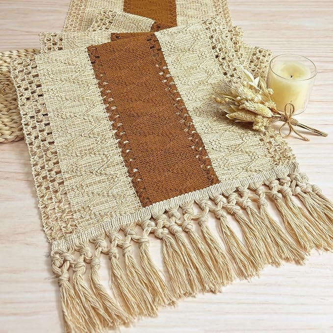 FEXIA Boho Table Runner for Home Decor with Tassels 60 Inches Long,Caramel Farmhouse Rustic Table Runner Macrame Burlap Table Decoration for Living Room Bridal Shower(12x60 Inches)