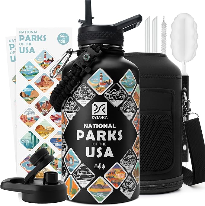 DYSANKY National Parks Water Bottle – 64 oz Insulated Stainless Steel Bottle with 63 Hand-Drawn Park Stickers, Carrier Bag, Strap & Gift Box – BPA-Free – Ideal for Hiking, Camping & Travel