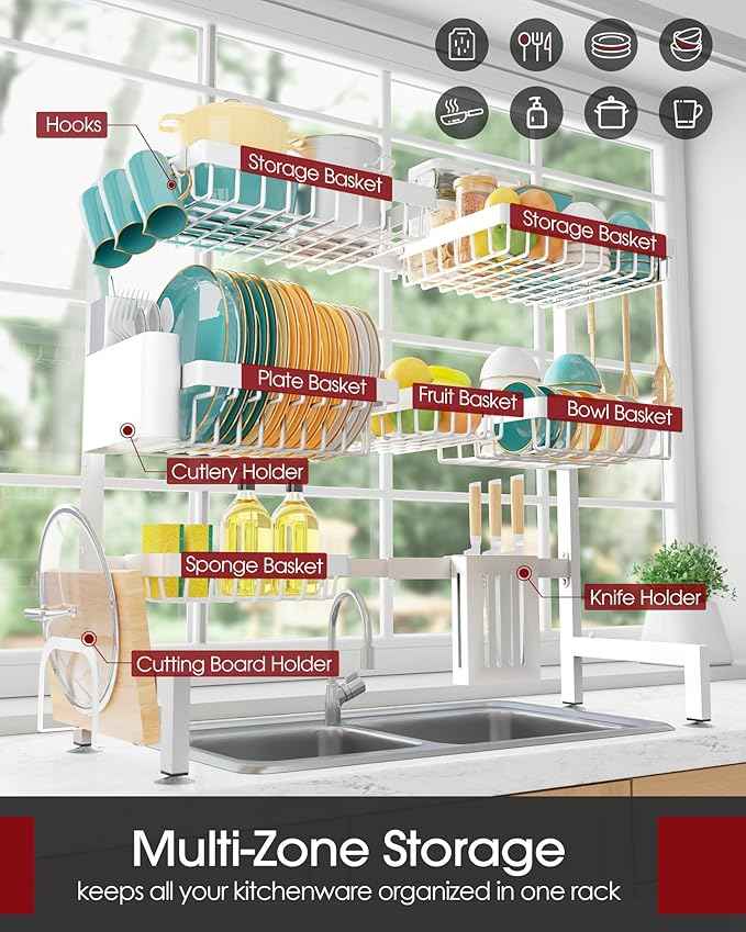 Over The Sink Dish Drying Rack - Adjustable 3 Tier XX-Large Capacity Stainless Steel Drainer with Cutlery & Utensil Holders, Kitchen Storage & Organization, 31.5"-39.5"L x 12"W x 30.5"H, White
