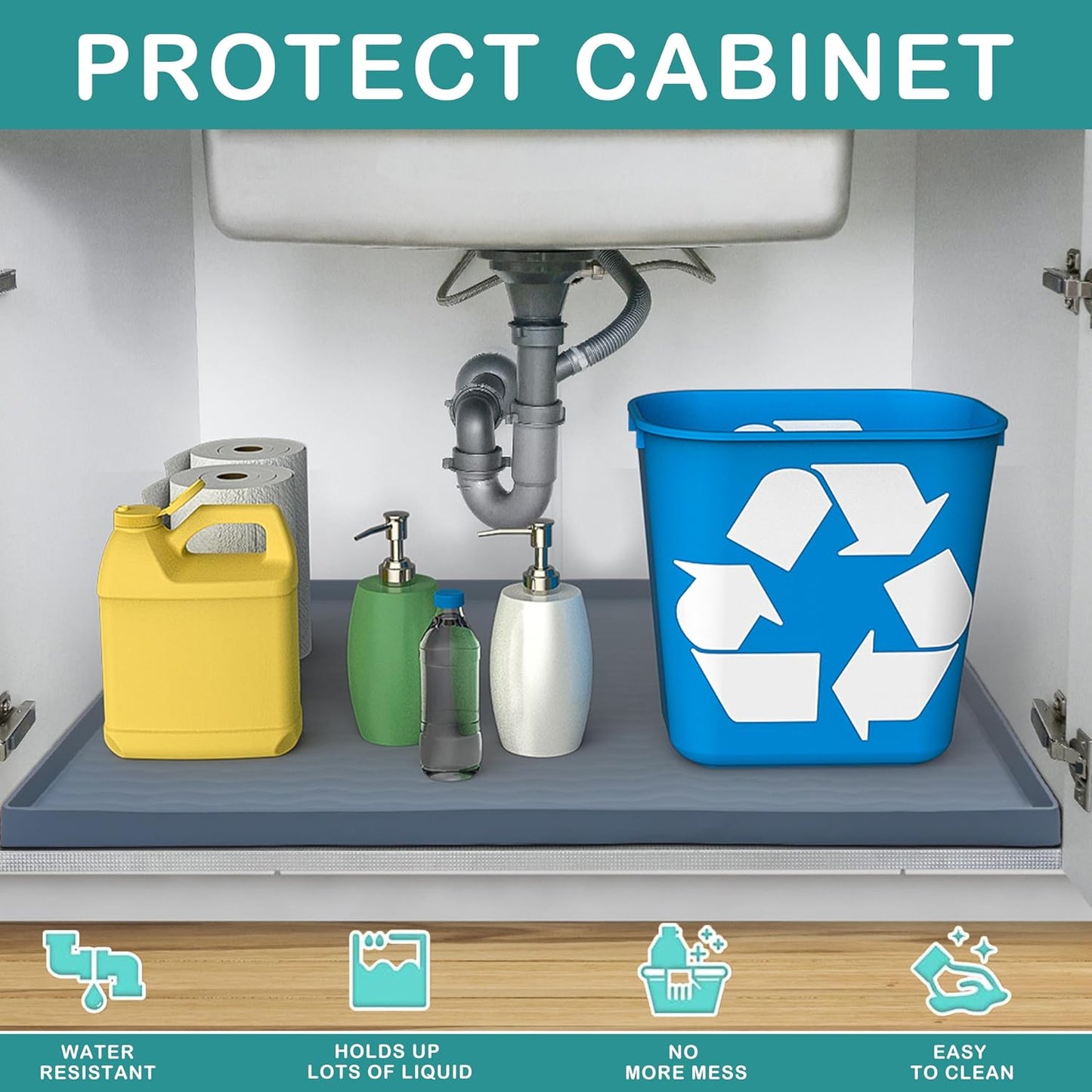 URMONA Waterproof Silicone Under Sink Mat 31'' x 22'' Shelf Liner for Kitchen and Bathroom, Cabinet and Counter Protector, Storage and Organizers, Litter Mat, Pet Cat Puppy Essentials(Beige)