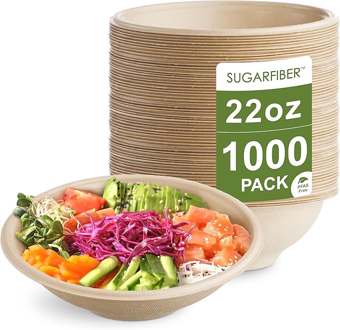[1000 Count]Sugarfiber by Harvest 22oz Round Bowls PFAS Free with PLA coating - Compostable Heavy-Duty Eco-Friendly Disposable Bagasse Bowl Sugarcane made plant fibers for Meal Prep