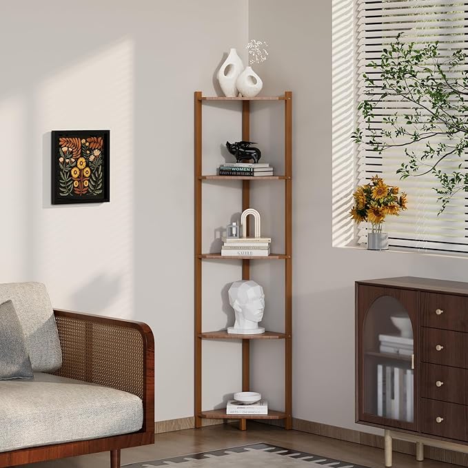 Wisuce Corner Shelf, 100% Real Bamboo Shower Corner Shelves Free Standing Shelf Storage Organizer for Bathroom Living Room Kitchen (Brown, 5 Tier)