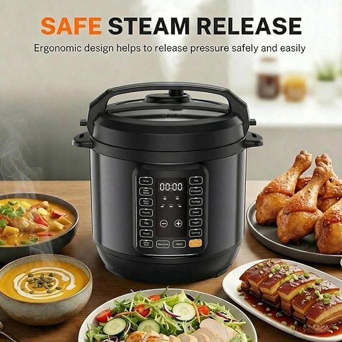HealSmart 6QT Electric Pressure Cooker, 16-in-1 & Non-Stick Stainless Steel Multi Cooker with 12 Presets for Slow Cook, Meat Stew, Steam, Sauté, Canning, Yogurt Maker, Dishwasher Safe, Black