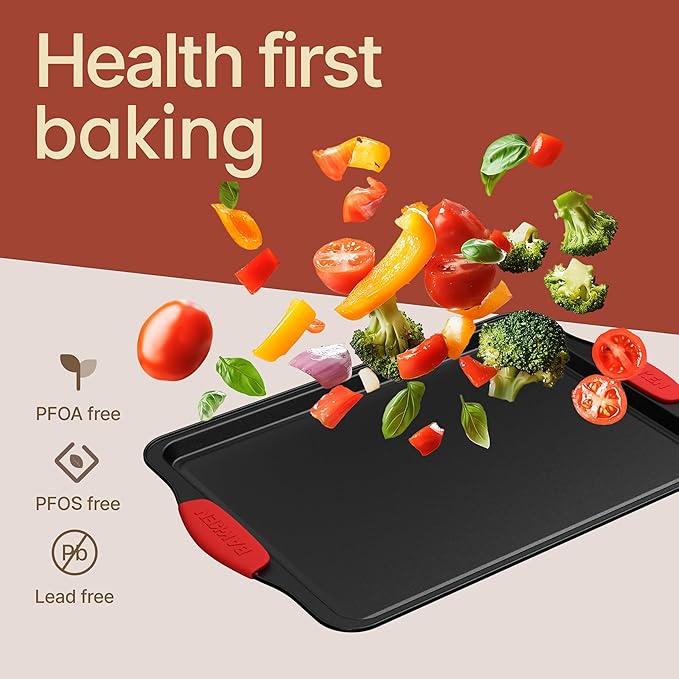 BAKKENMASTER Baking Set – 6 Piece Kitchen Oven Bakeware Set – Deluxe Non-Stick Black Coating Inside and Outside – Carbon Steel – Red Silicone Handles – PFOA PFOS and PTFE Free by Bakken