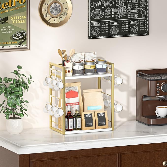 Dorhors 2 Tier Coffee Bar Accessories and Organizer,Multi-functional Mug Holder with 12 Hooks,Wood Coffee Station Organizer,Kitchen Countertop Shelf (Gold + White)