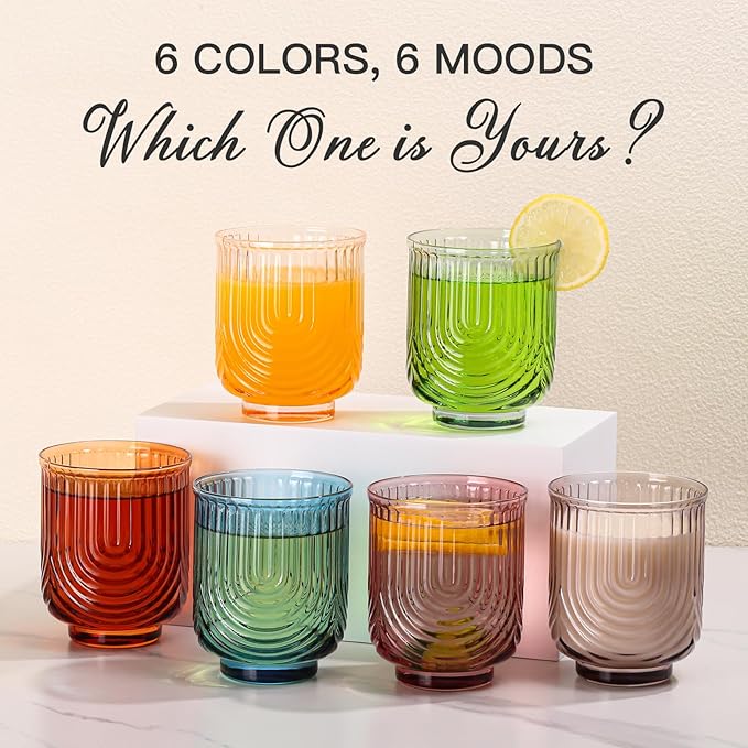 JOVGANK Colored Vintage Drinking Glasses Set of 6-14Oz Colorful Drinking Glasses, Art Deco Ripple Highball Glass, Whiskey Cocktail Glasses, for Bar Coffee Juice, Housewarming and Mother's Day Gift