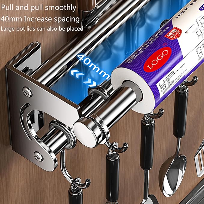 Hanging Wall Mount knife Wall Mount, Space-Saving Knife Rack with Hooks, Kitchen Organizer Storage Shelf for Utensils Spatula Spoon, Kitchen Utensil Hanger (Silver, 50CM+10Hooks)