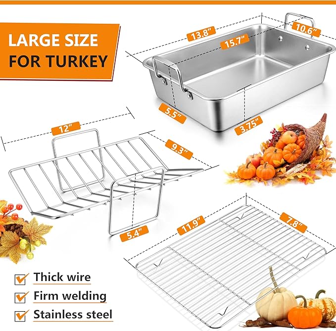 LIANYU 14 Inch Roasting Pan, Turkey Roaster with 2 Racks, Heavy Duty Stainless Steel Deep Broiling Lasagna Pan for Turkey, Chicken, Dishwasher Safe