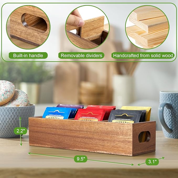 DRASTAR Tea Bag Organizer, Acacia Tea Bag Holder, Tea Storage Containers with 3 Slots, Wooden Tea Storage Accessories, Mini Tea Bag Caddy Box for Countertop