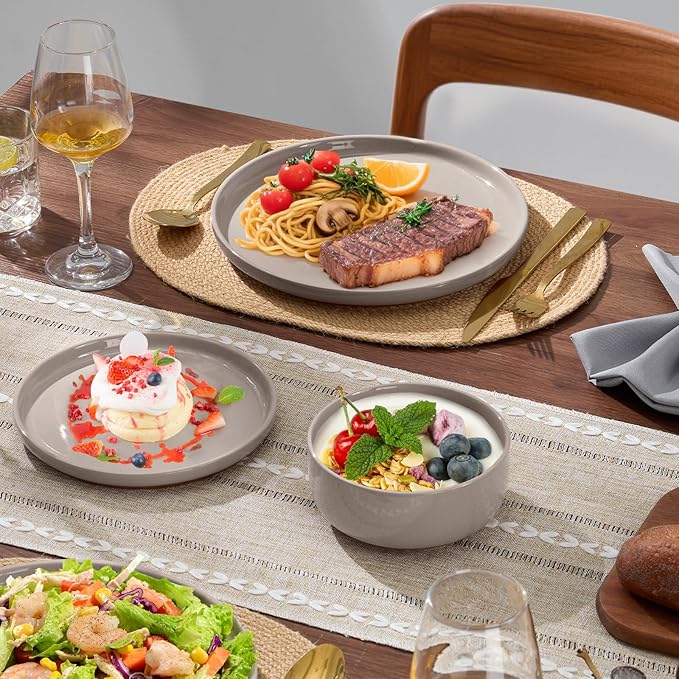 E-far 24-Piece Ceramic Dinnerware Sets, Plates and Bowls Sets for 8, Stoneware Dishware Dishes Set with Terracotta Base, Chip & Scratch Resistant, Microwave & Dishwasher Safe, Speckled Khaki