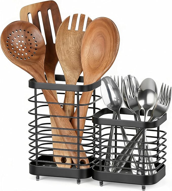 Utensil Holder, Stainless Steel Utensil Drying Rack for Kitchen Counter, Silverware Cutlery Flatware Holder Forks, Knives, Spoons, Chopsticks Organizer (Black)