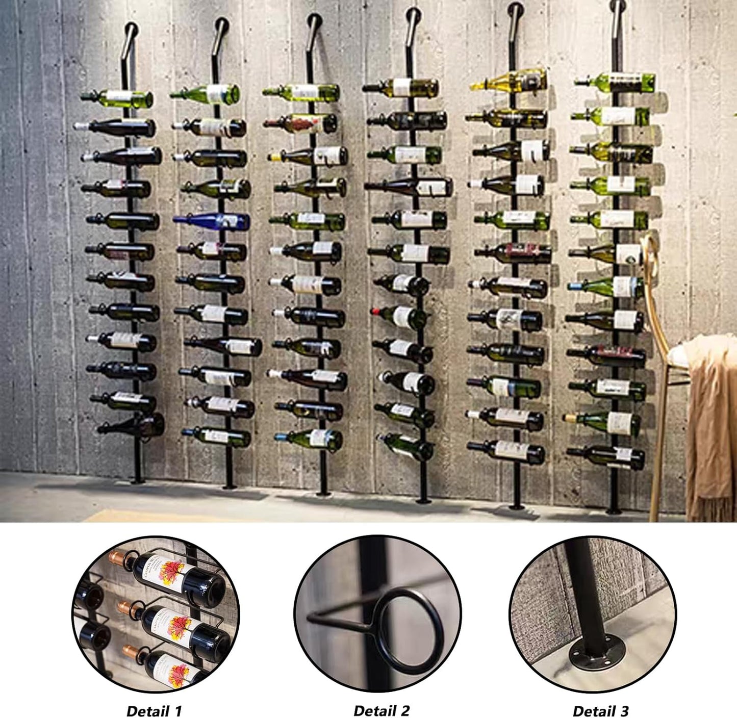 Wine Rack Wall Mounted, 72.8in High Metal Wine Bottle Holder for 12 Bottles, Kitchen Organization and Wine Storage for Commercial Restaurants Pantry Bar Wine Cellar (Gold, One row-12 Bottles)