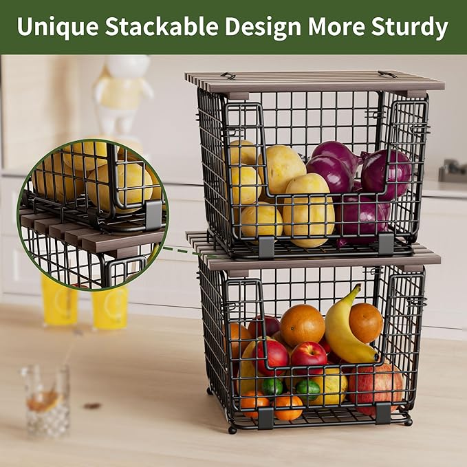 Wire Storage Basket For Kitchen Pantry and Counter - Stackable Wire Organizing Bin For Produce, Vegetable - Countertop Potato, Onion, Veggie Basket Brown