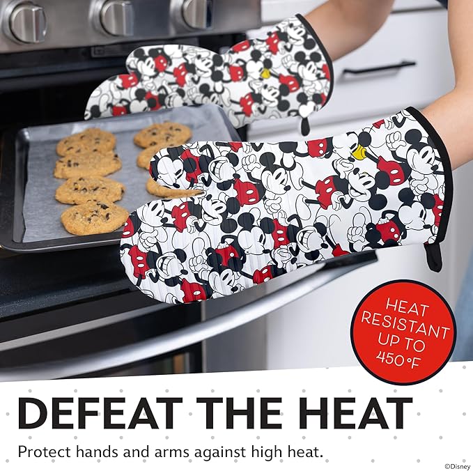Disney Silicone Oven Mitts Heat Resistant – Set of 2 Long Cuff Cotton Kitchen Mitts with Silicone Grip Stripes, Cute Oven Mitts & Pot Holders for Cooking, Baking & Kitchen Essentials- Mickey