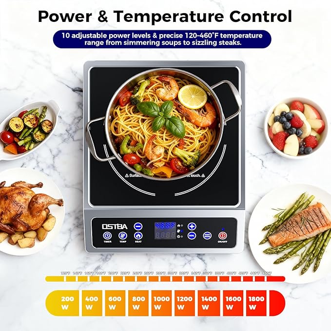 OSTBA 1800W Portable Induction Cooktop, Large Heating Coil Countertop Induction Burner, 10 Power Levels & 120–460°F Temperature Control, 3H Timer, Keep Warm, ETL Certified
