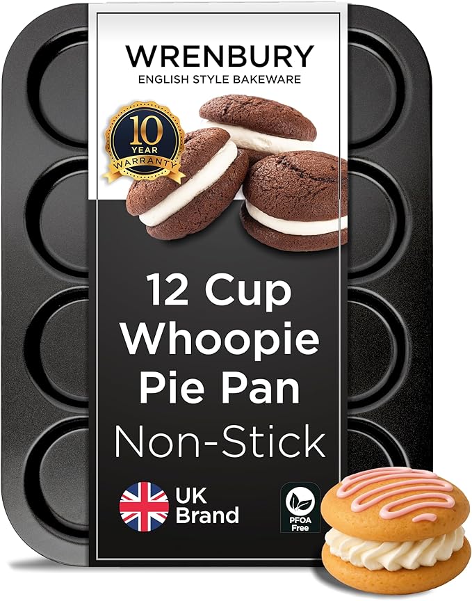 Wrenbury Nonstick Whoopie Pie Pan 12-Cup - Carbon Steel Shallow Baking Tray for Muffin Tops Macarons Cookies Yorkshire Puddings Cornbread & Burger Buns