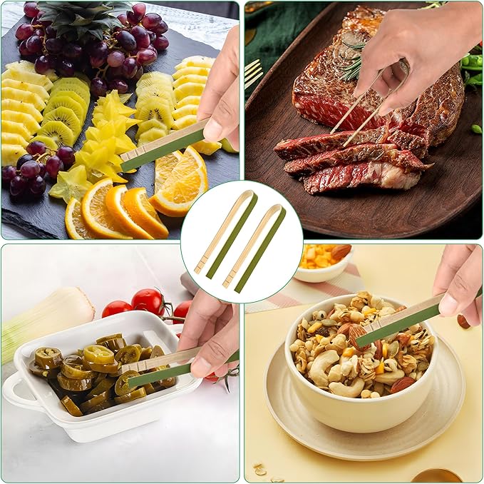 100 Pcs Mini Bamboo Tongs, 4 Inch Wooden Disposable Cooking Utensils, Charcuterie Boards Accessories, Natural Toast Tongs for Cooking and Serving Food