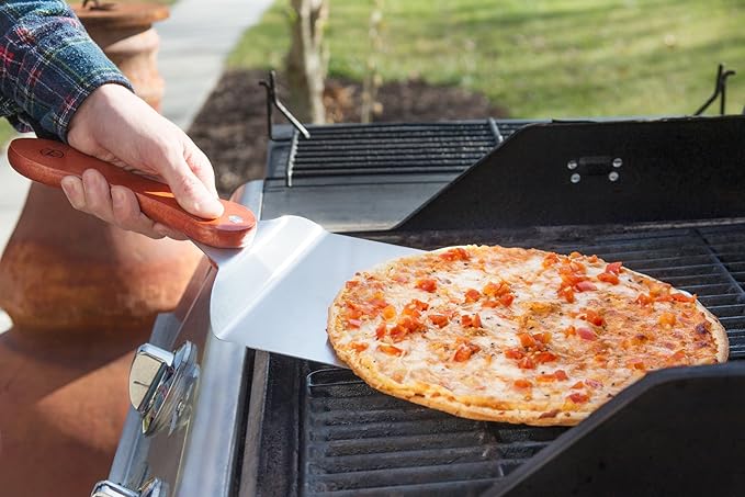 Outset Stainless Steel Pizza Peel with Collapsible Rosewood Handle, 20-Inch Overall, 12-Inch x 7.75-Inch Spatula Area, Silver