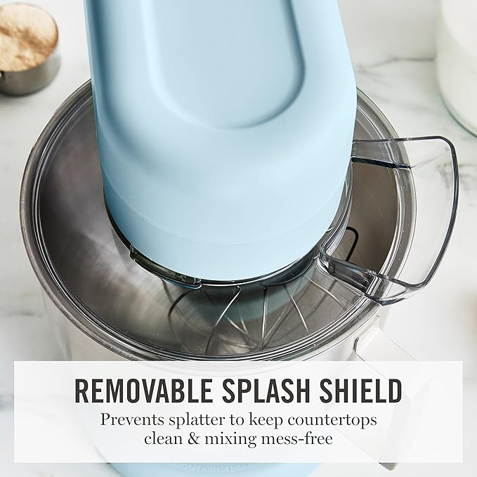Martha Stewart Tilt-Head Stand Mixer, 12 Speed, 5.3QT Stainless Steel Bowl, Splash Guard with Pour Chute, Whisk, Dough Hook, Flat Beater, Electric Kitchen Baking Mixer, Bread, Cake, Whip, Sky Blue