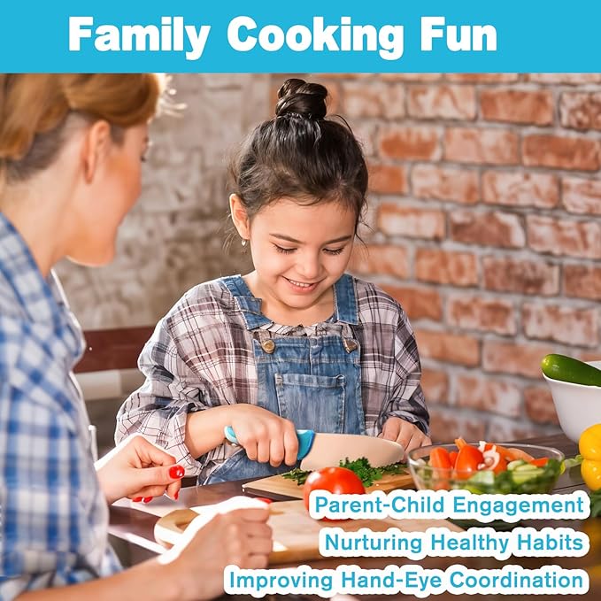 Kibbidea 13 Pcs Kids Kitchen Knife Set, Kids Cooking Sets Real with Cutting Board, Peeler, Serrated Edges Stainless Steel Toddler Safe Knife, Sandwich Cutter (Blue)