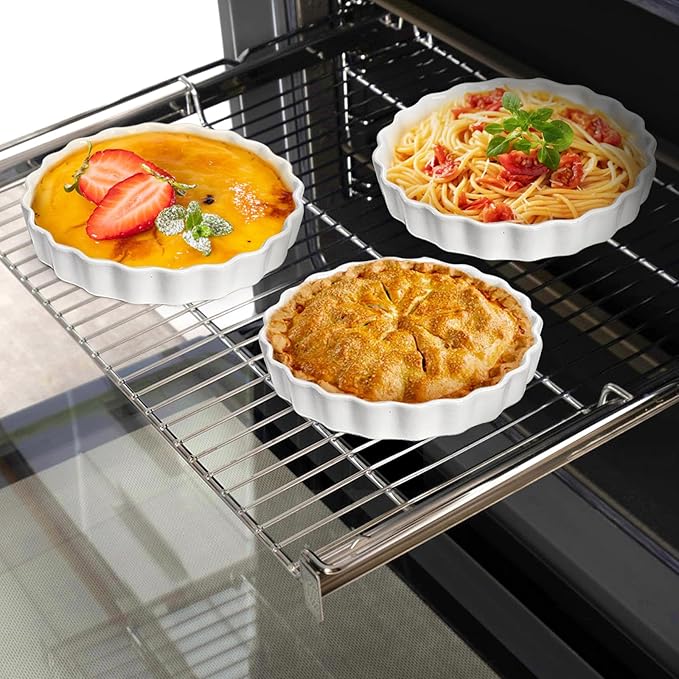 Foraineam 10 Pack 8 oz Creme Brulee Ramekins, 6 Inch Round Fluted Quiche Dishes, Porcelain Pie Pan Shallow Baking Dish Oven Safe for Baking Souffle, Apple Pie, Quiche, Tart