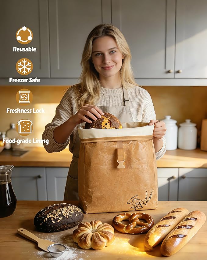 Marscamd Large Reusable Bread Bags for Homemade Bread with Zipper, 2 Pack Sourdough Bread Bags with Handle, Bread Storage Bags for Freezer, Refrigerator, Brown