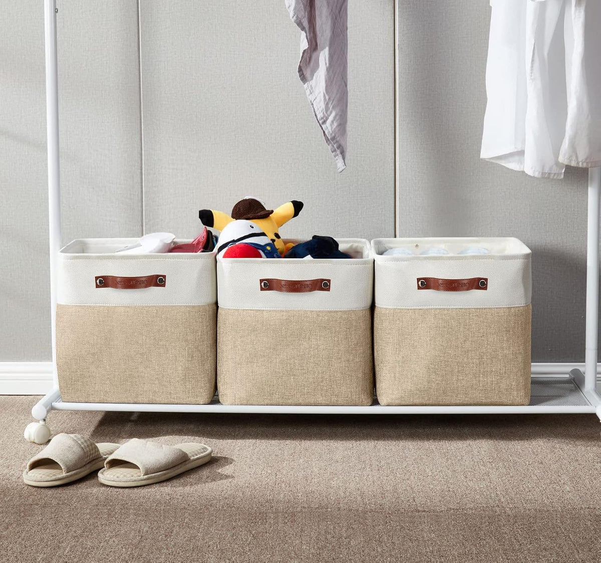 DECOMOMO Storage Cubes, 12x12 Storage Bins, Baskets for Shelves (Beige & White, Cube 12" - 4 Pack)