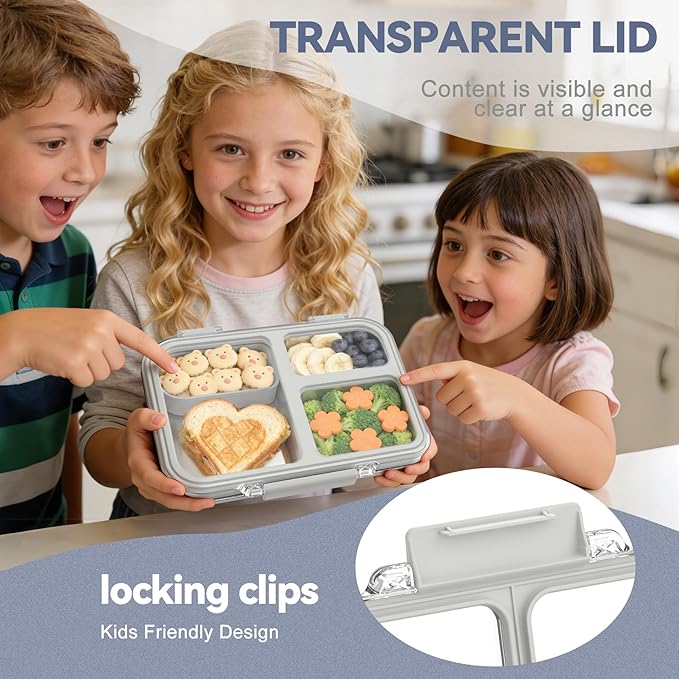 Stainless Steel Bento Box for Kids, 3-Compartment Metal Lunch Box with Clear Lid & Removable Silicone, Lunch Box Kids with Silicone Inner Container for Meal Prep, School, Office (Grey)