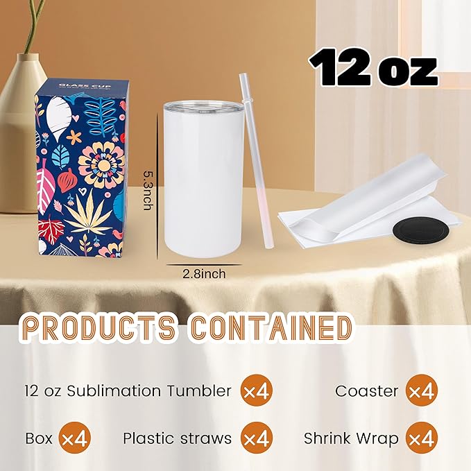 Joyclub 4 Pack 12 oz Sublimation Tumblers Stainless Steel Skinny Straight Sublimation Tumbler with Lid and Straw Ideal for DIY Gifts, Tea, Coffee, Wine