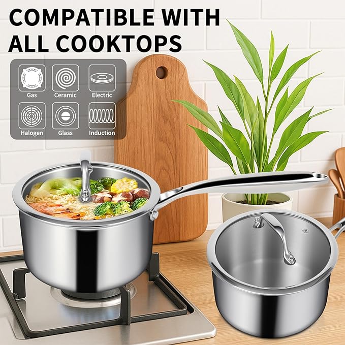 EWFEN 3 Ply Stainless Steel Sauce Pan Set with Lids, 1 & 2 Quart Multipurpose Cooking Pot, Stay-Cool Handle, Induction Oven Dishwasher Safe, 1QT & 2QT