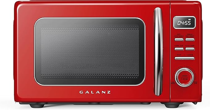 Galanz GLCMKZ09RDR09 Retro Countertop Microwave Oven with Auto Cook & Reheat, Defrost, Quick Start Functions, Easy Clean with Glass Turntable, Pull Handle, 0.9 cu ft, Red