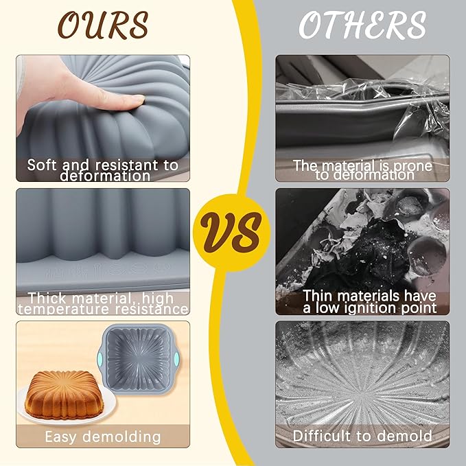 To encounter 44 Pieces Silicone Square Cake Pans Set, 3 Sizes Silicone Fluted Cake Pan with Reusable Baking Cups, Food Grade Baking Molds for Brownie, Bread, Muffin, Light Grey