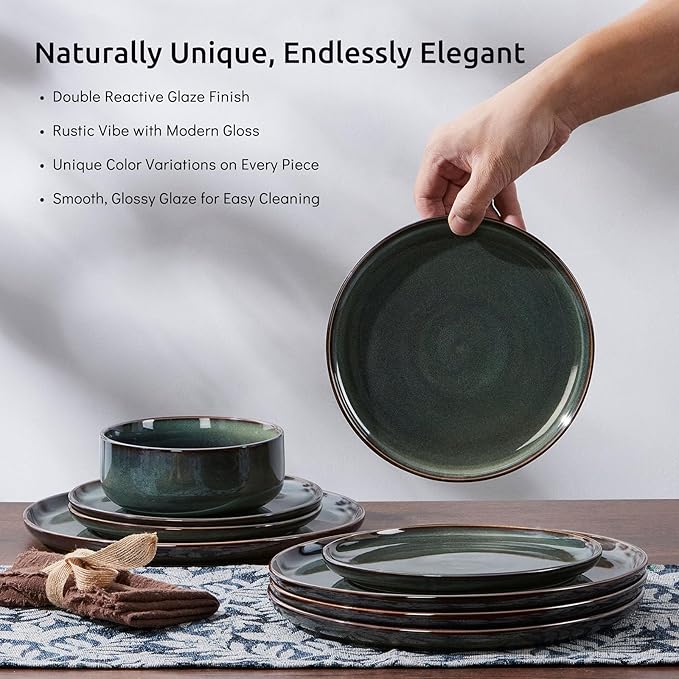 E-far 6-Piece Plates and Bowls Set, Stoneware Dinnerware Sets for 2, Ceramic Dishes Reactive Glaze Dinning Ware, Microwave & Dishwasher Safe - Obsidian Green