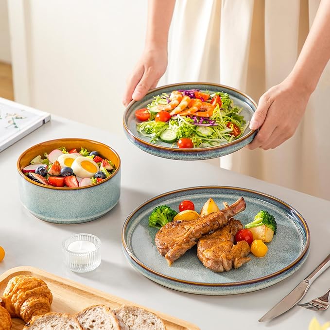 vancasso ONION Ceramic Plates and Bowls Sets, 24 Pieces Light Blue Dinnerware Sets for Kitchen, Reactive Glaze Dishes Set for 8, Dishwasher and Microwave Safe