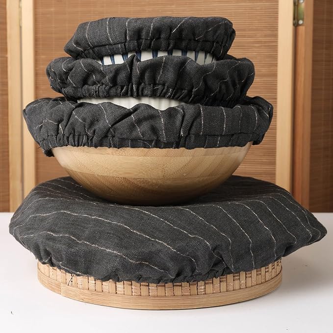100% Linen Stripe Bowl Covers Reusable For Bread Proofing, 4 Pcs Elastic Cloth Fabric Bowl Covers, 5.9*7.9*9.8*11.8 Inches, Black