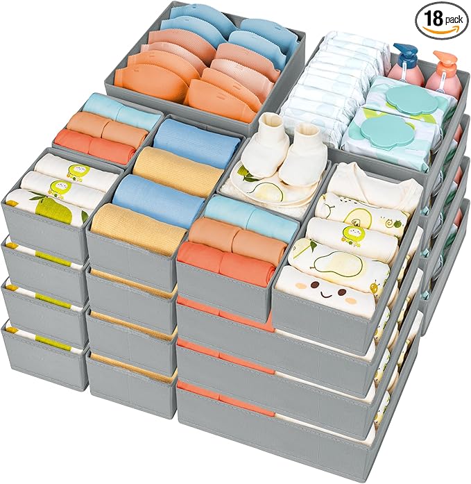 DIMJ Drawer Organizer Clothes 18 Pack - Foldable Baby Organizers and Storage & Dresser Organizer for Bedroom, Closet - Nursery Organization Dresser Dividers for underwear, Sock,Bra, Belt, Tie, Gray
