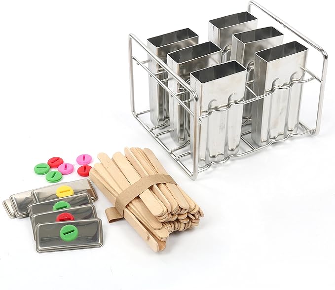 Set of 6 Stainless Steel Popsicle Mold and Rack Set - Homemade Ice Treat Makerwith 50 Wooden Sticks and 6 Silicone Seals and Bonus Cleaning Brush