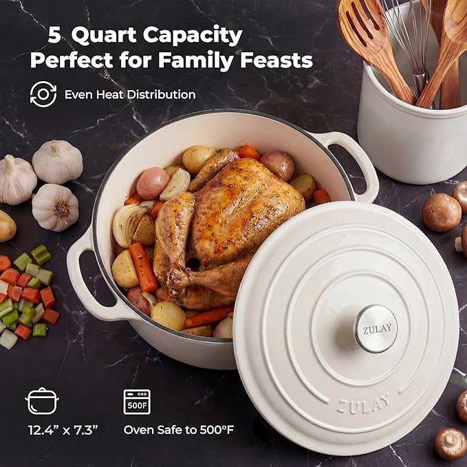 Zulay Kitchen 5 Quart Enameled Cast Iron Dutch Oven Pot with Lid – Premium Durability & Oven Safe up to 500°F – Heavy Duty Cookware Perfect for Bread Baking, Stews, Braising & Roasting – White