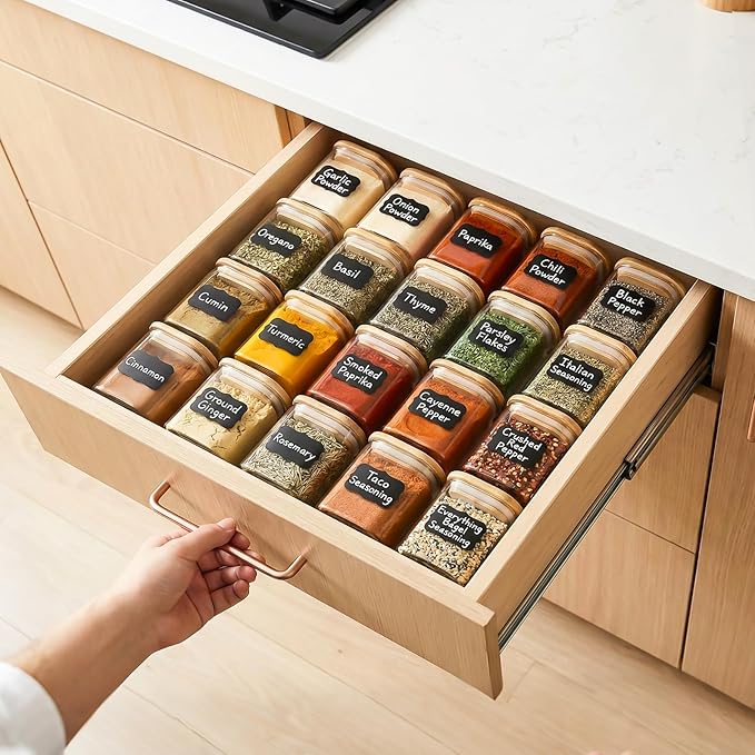 TBWIND 20 Pack 4 oz Square Glass Spice Jars with Lids and Labels – Airtight Small Seasoning Containers Set, Clear Glass Storage Jars for Seasoning, Spices, Kitchen Pantry Organization